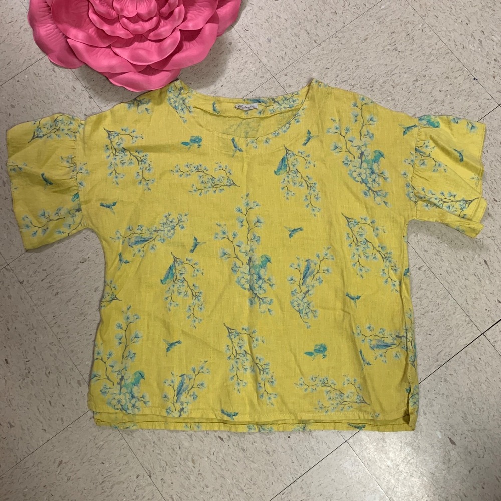 BELLAMBRA Womens Sz M Yellow Floral Linen Blouse Ruffle‎ Short Sleeve Boho Italy